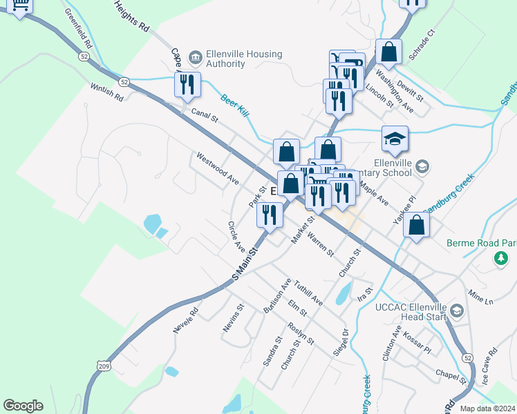 map of restaurants, bars, coffee shops, grocery stores, and more near 15 Park Street in Ellenville