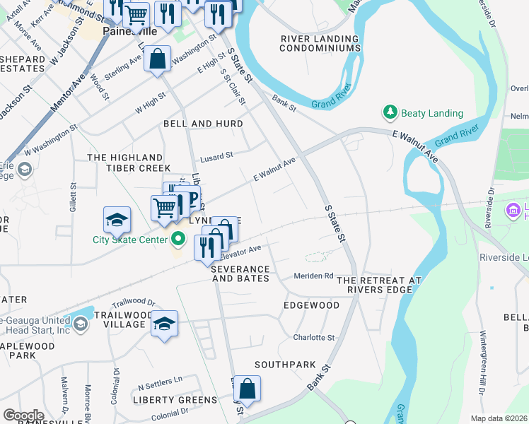 map of restaurants, bars, coffee shops, grocery stores, and more near 529 Hoyt Street in Painesville
