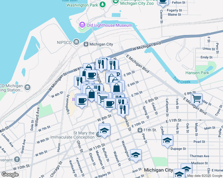 map of restaurants, bars, coffee shops, grocery stores, and more near 515 Franklin Street in Michigan City