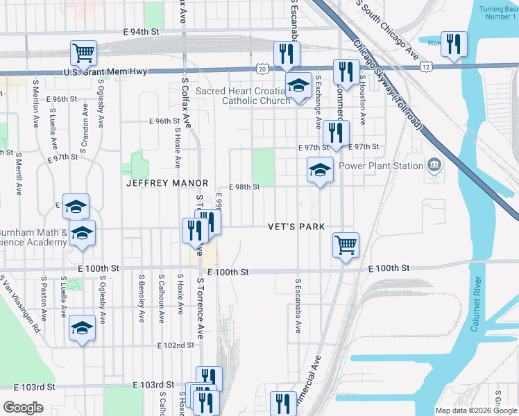 map of restaurants, bars, coffee shops, grocery stores, and more near 9827 South Manistee Avenue in Chicago