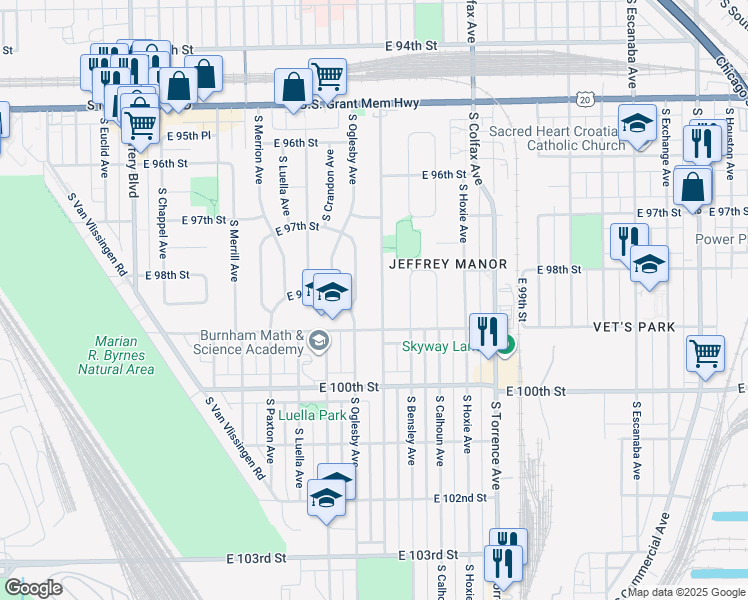 map of restaurants, bars, coffee shops, grocery stores, and more near 9779 South Oglesby Avenue in Chicago