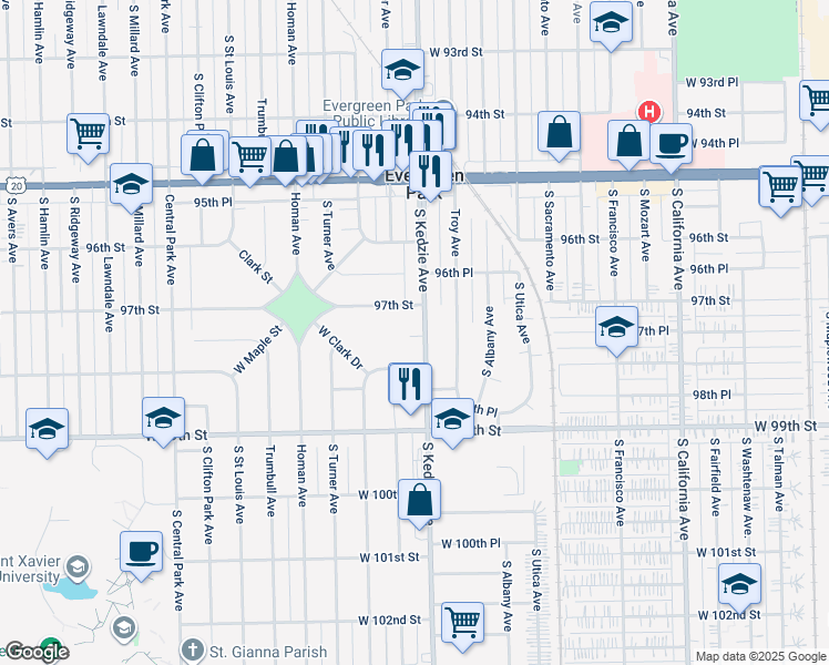 map of restaurants, bars, coffee shops, grocery stores, and more near 9720 South Kedzie Avenue in Evergreen Park