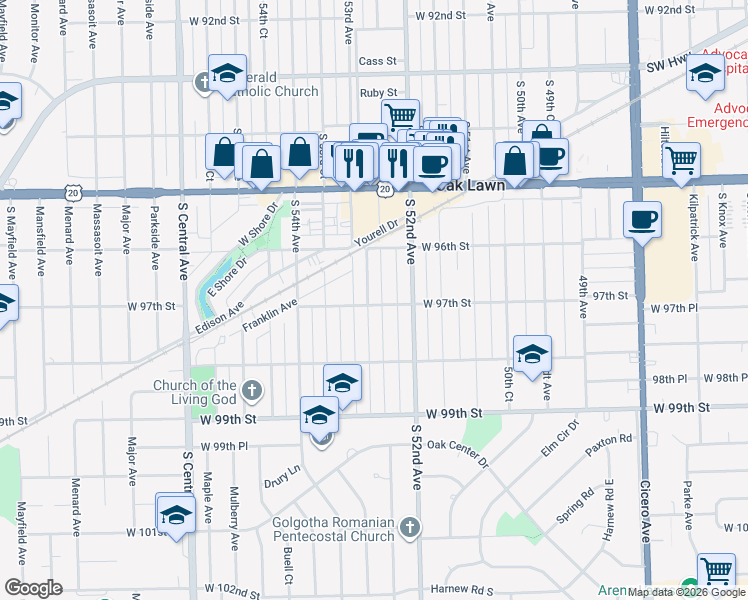 map of restaurants, bars, coffee shops, grocery stores, and more near 9641 Cook Avenue in Oak Lawn