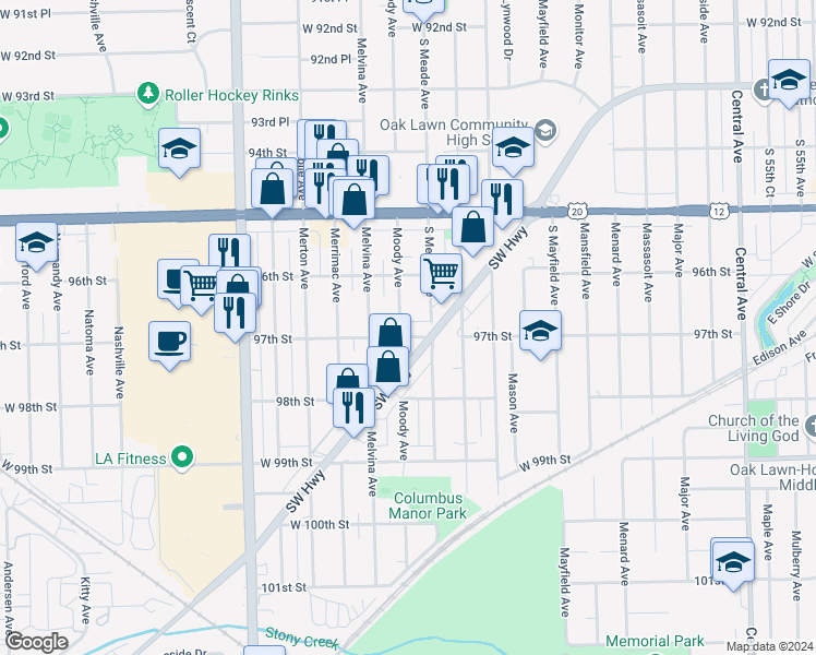 map of restaurants, bars, coffee shops, grocery stores, and more near 9640 Moody Avenue in Oak Lawn