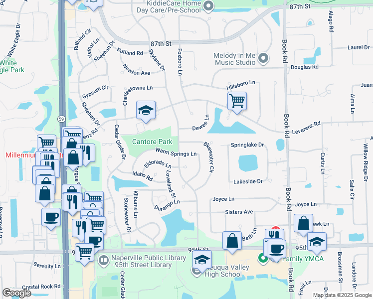 map of restaurants, bars, coffee shops, grocery stores, and more near 2708 Bluewater Circle in Naperville