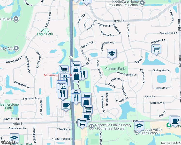map of restaurants, bars, coffee shops, grocery stores, and more near 2830 Alameda Court in Naperville