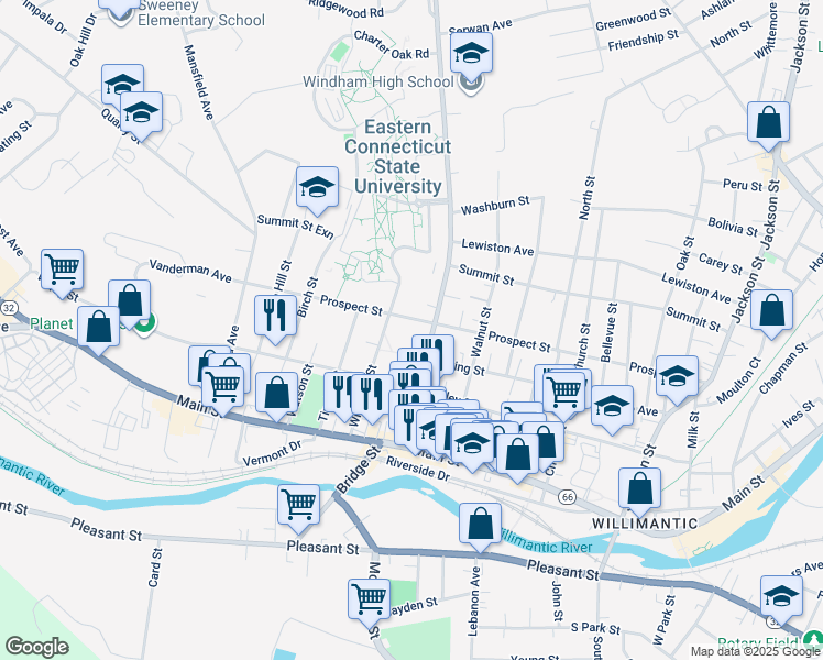 map of restaurants, bars, coffee shops, grocery stores, and more near 322 Prospect Street in Windham
