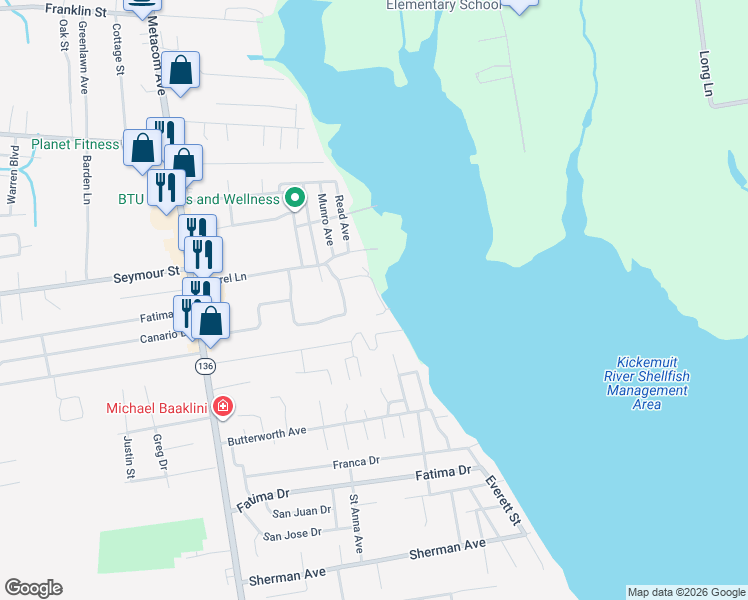 map of restaurants, bars, coffee shops, grocery stores, and more near 13 Bay Rd in Warren