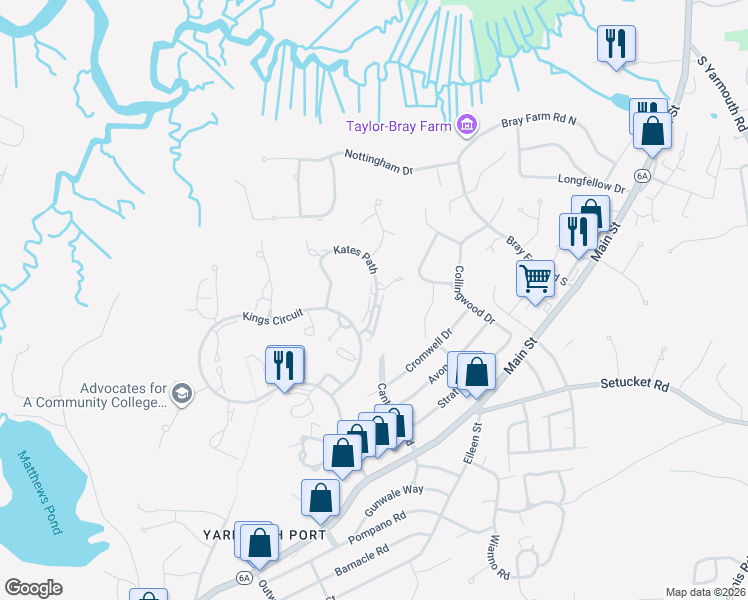 map of restaurants, bars, coffee shops, grocery stores, and more near 32 Kates Path in Yarmouth