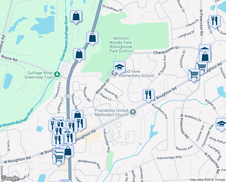 map of restaurants, bars, coffee shops, grocery stores, and more near 225 Douglass Way in Bolingbrook