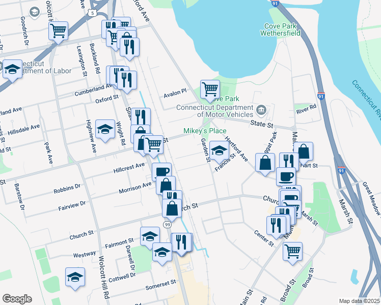 map of restaurants, bars, coffee shops, grocery stores, and more near 6 Hubbard Place in Wethersfield