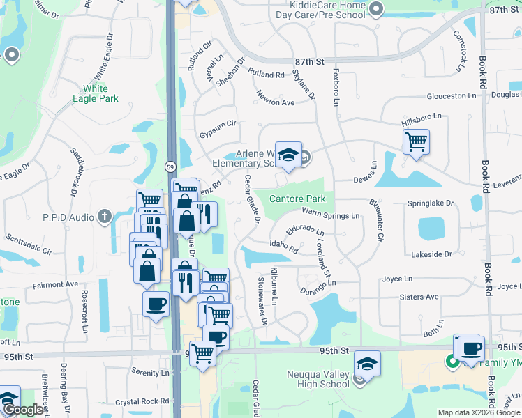map of restaurants, bars, coffee shops, grocery stores, and more near 2724 Cedar Glade Road in Naperville
