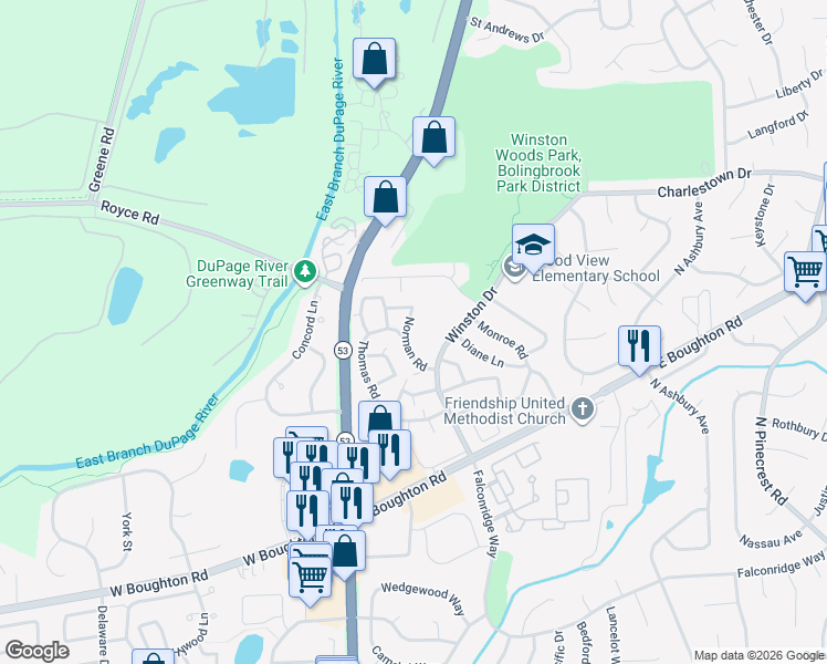 map of restaurants, bars, coffee shops, grocery stores, and more near 577 Norman Road in Bolingbrook