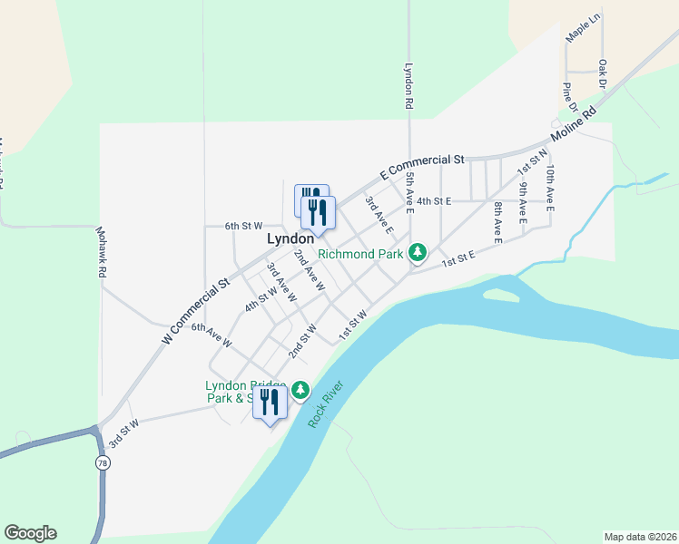 map of restaurants, bars, coffee shops, grocery stores, and more near 207 1st Avenue in Lyndon