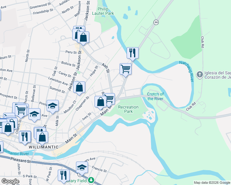 map of restaurants, bars, coffee shops, grocery stores, and more near 19 Boston Post Road in Windham