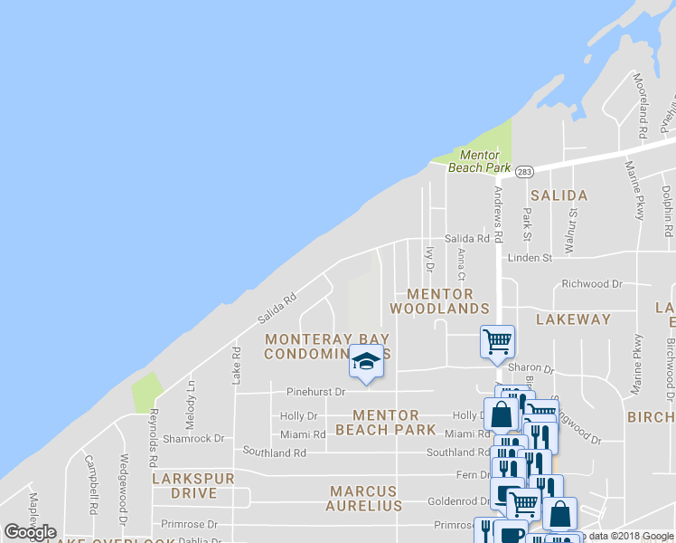map of restaurants, bars, coffee shops, grocery stores, and more near 7584 Salida Road in Mentor