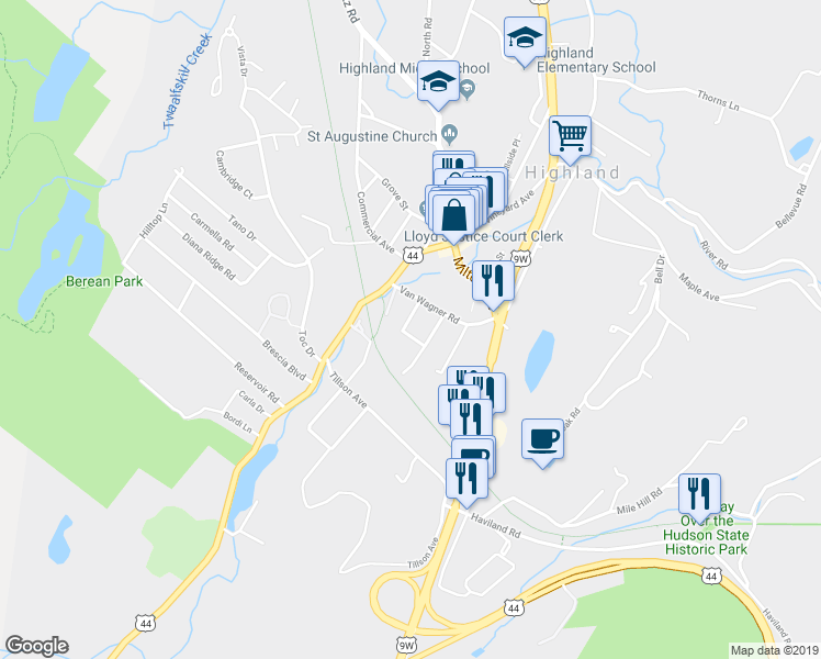 map of restaurants, bars, coffee shops, grocery stores, and more near 26 Highland Avenue in Highland