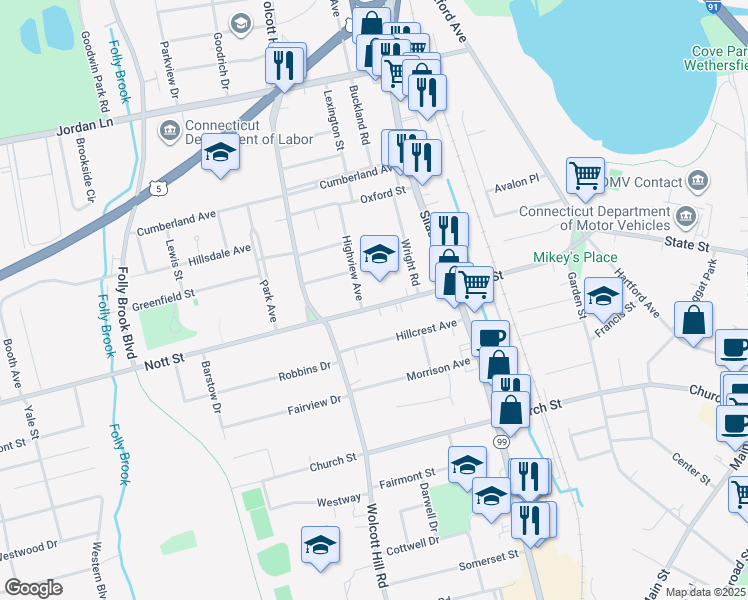 map of restaurants, bars, coffee shops, grocery stores, and more near 206 Nott Street in Wethersfield
