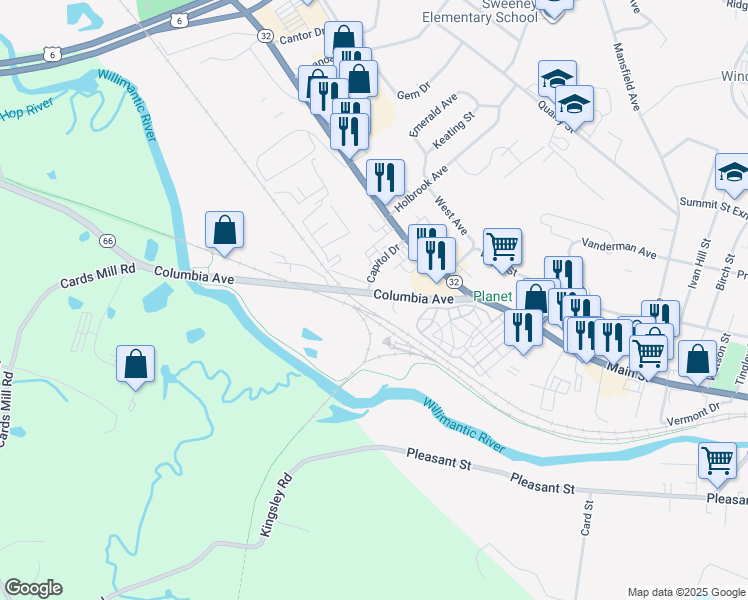 map of restaurants, bars, coffee shops, grocery stores, and more near 100-224 Columbia Ave in Windham