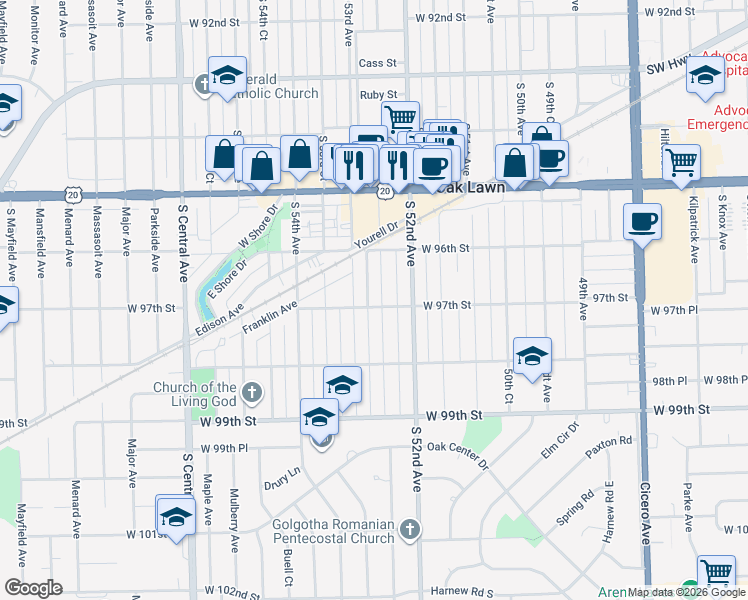map of restaurants, bars, coffee shops, grocery stores, and more near 9641 Cook Avenue in Oak Lawn