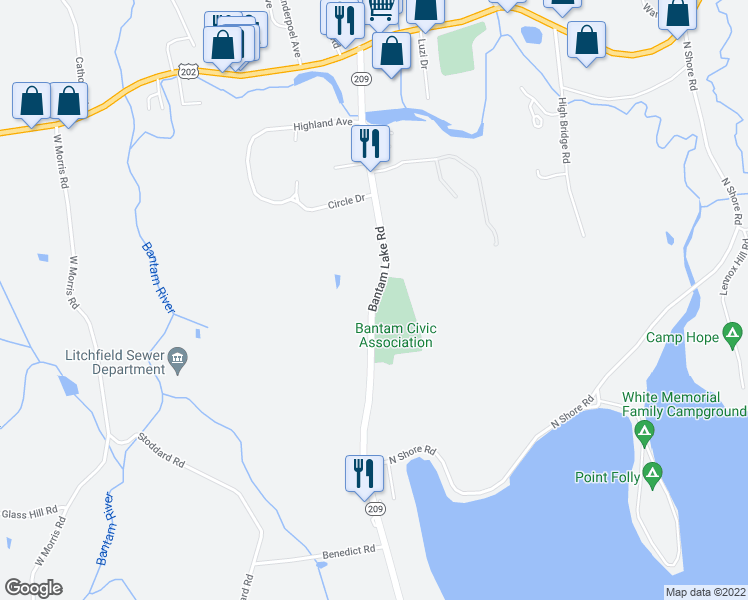 map of restaurants, bars, coffee shops, grocery stores, and more near 386 Bantam Lake Road in Litchfield