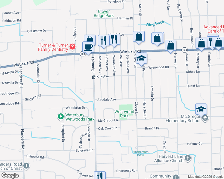 map of restaurants, bars, coffee shops, grocery stores, and more near 5601 Yarmouth Avenue in Toledo