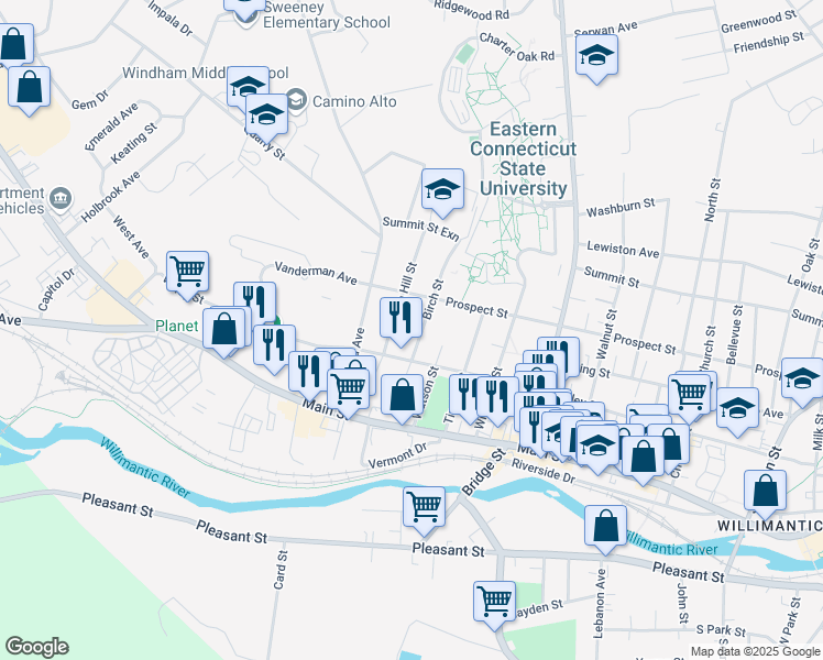 map of restaurants, bars, coffee shops, grocery stores, and more near 96 Birch Street in Windham