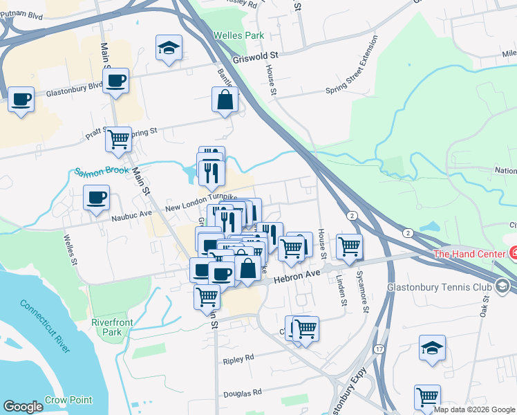 map of restaurants, bars, coffee shops, grocery stores, and more near 159 Salmon Brook Drive in Glastonbury