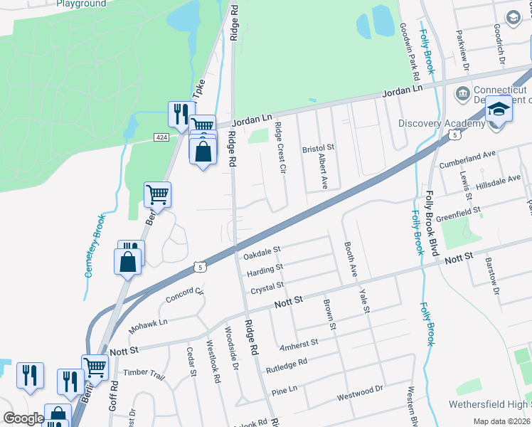 map of restaurants, bars, coffee shops, grocery stores, and more near 14 Lacava Lane in Wethersfield
