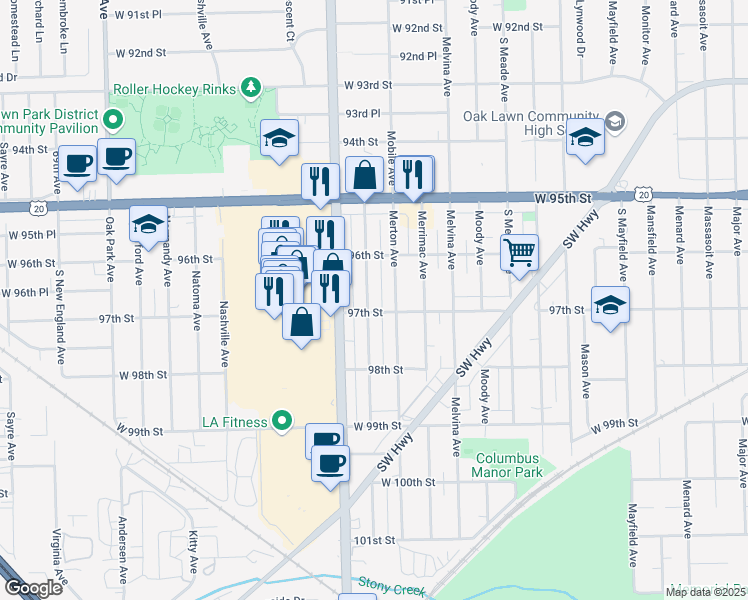 map of restaurants, bars, coffee shops, grocery stores, and more near 9643 Marion Avenue in Oak Lawn