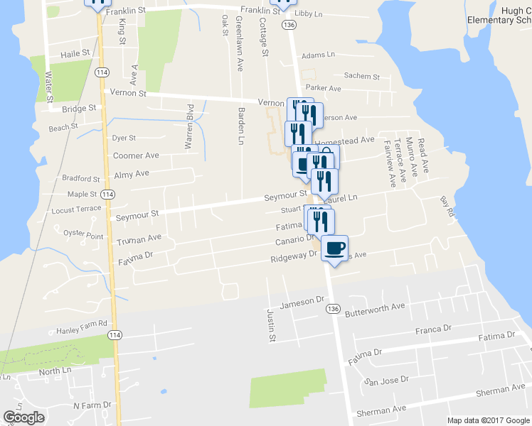 map of restaurants, bars, coffee shops, grocery stores, and more near 21 Stuart Street in Warren