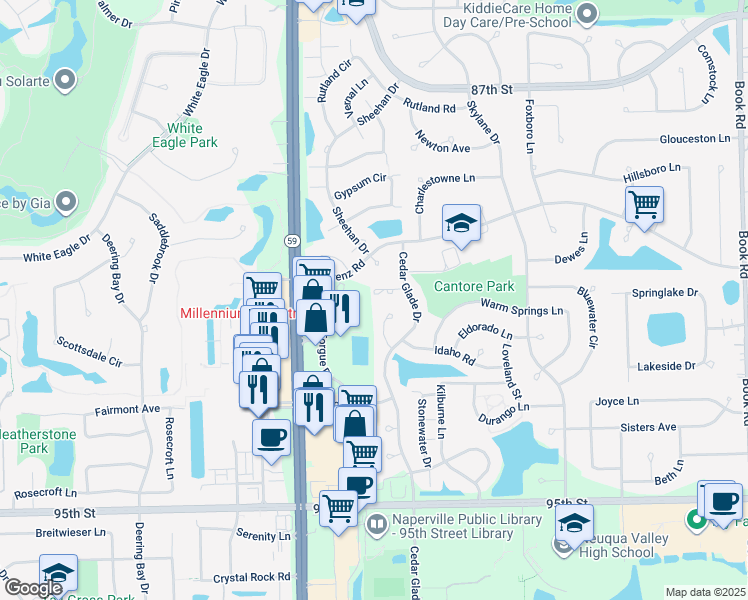 map of restaurants, bars, coffee shops, grocery stores, and more near 2830 Alameda Court in Naperville