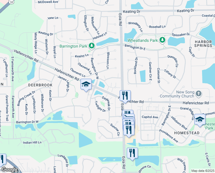 map of restaurants, bars, coffee shops, grocery stores, and more near 2393 Oakfield Court in Aurora