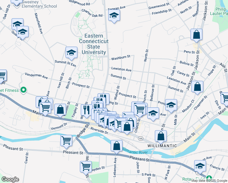 map of restaurants, bars, coffee shops, grocery stores, and more near 255 Prospect Street in Windham