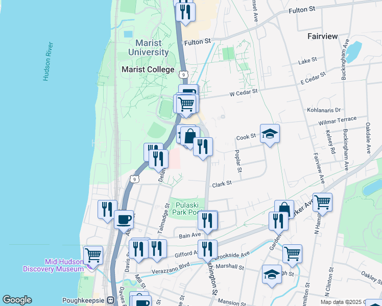map of restaurants, bars, coffee shops, grocery stores, and more near 230 North Road in Poughkeepsie