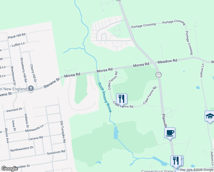 map of restaurants, bars, coffee shops, grocery stores, and more near 67 Cope Farms Road in Farmington