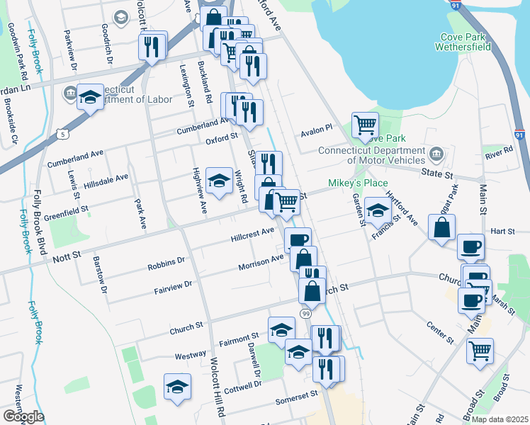 map of restaurants, bars, coffee shops, grocery stores, and more near 139 Nott Street in Wethersfield