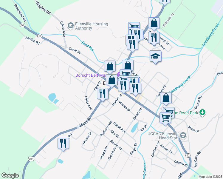 map of restaurants, bars, coffee shops, grocery stores, and more near in Ellenville