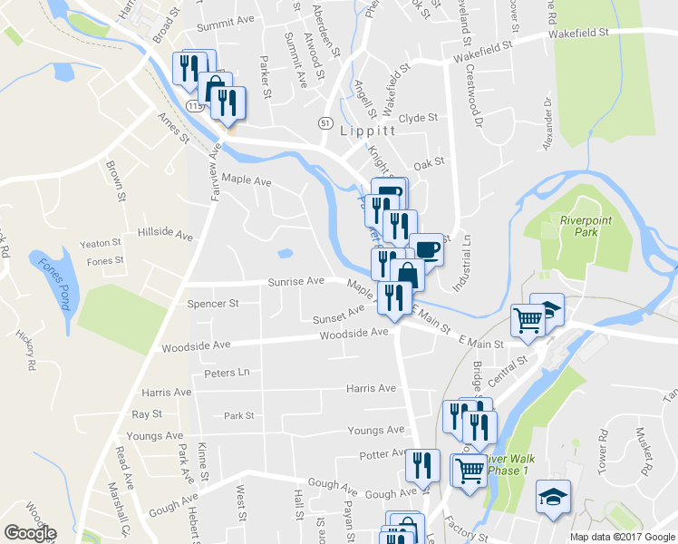 map of restaurants, bars, coffee shops, grocery stores, and more near 33 Maple Avenue in West Warwick