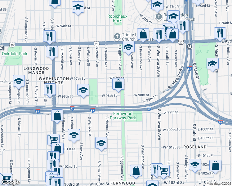 map of restaurants, bars, coffee shops, grocery stores, and more near 414 W 98th St in Chicago