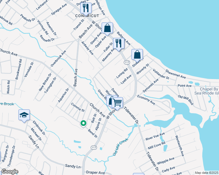 map of restaurants, bars, coffee shops, grocery stores, and more near 80 Damon Avenue in Warwick
