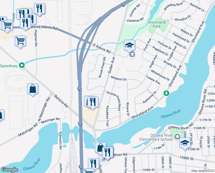 map of restaurants, bars, coffee shops, grocery stores, and more near 5419 Ketukkee Trail in Toledo