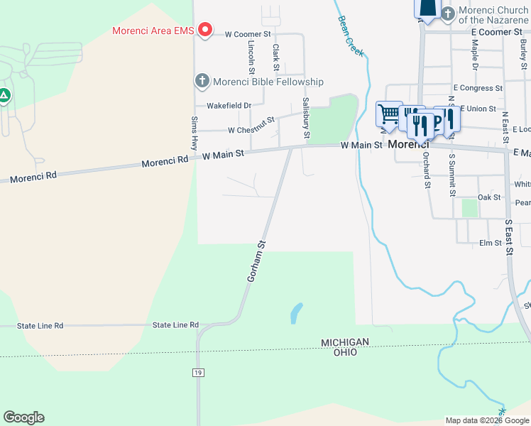 map of restaurants, bars, coffee shops, grocery stores, and more near 340 Gorham St in Morenci