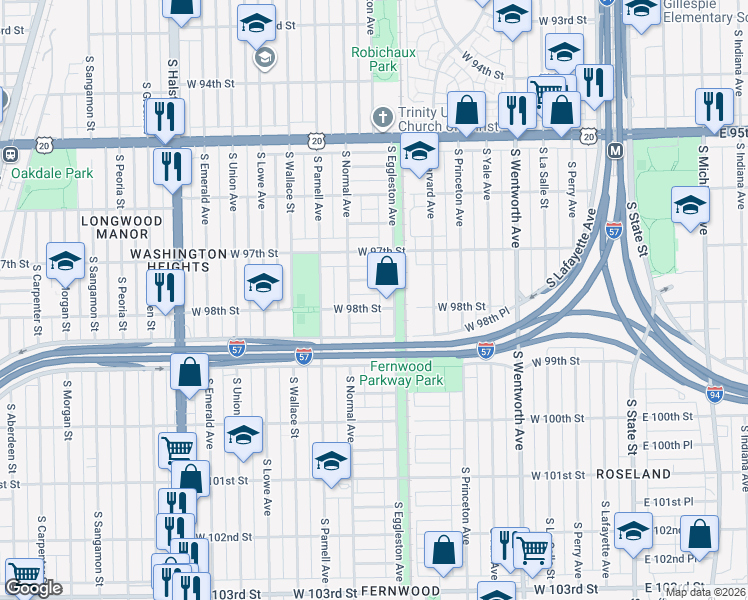 map of restaurants, bars, coffee shops, grocery stores, and more near 414 West 98th Street in Chicago