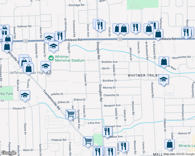 map of restaurants, bars, coffee shops, grocery stores, and more near 5525 Douglas Road in Toledo