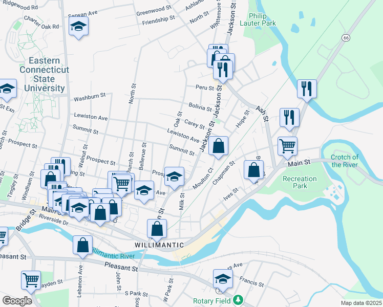 map of restaurants, bars, coffee shops, grocery stores, and more near 17 Summit St in Windham
