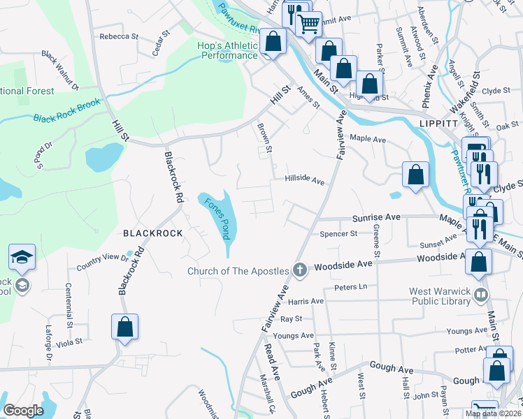 map of restaurants, bars, coffee shops, grocery stores, and more near 1 Dennis Street in Coventry