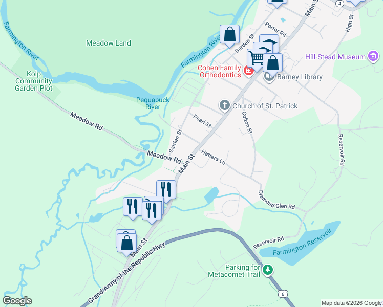 map of restaurants, bars, coffee shops, grocery stores, and more near 143 Main Street in Farmington