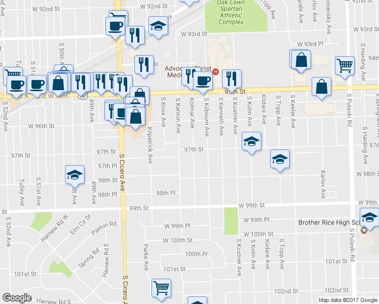 map of restaurants, bars, coffee shops, grocery stores, and more near 9700 Kolmar Avenue in Oak Lawn