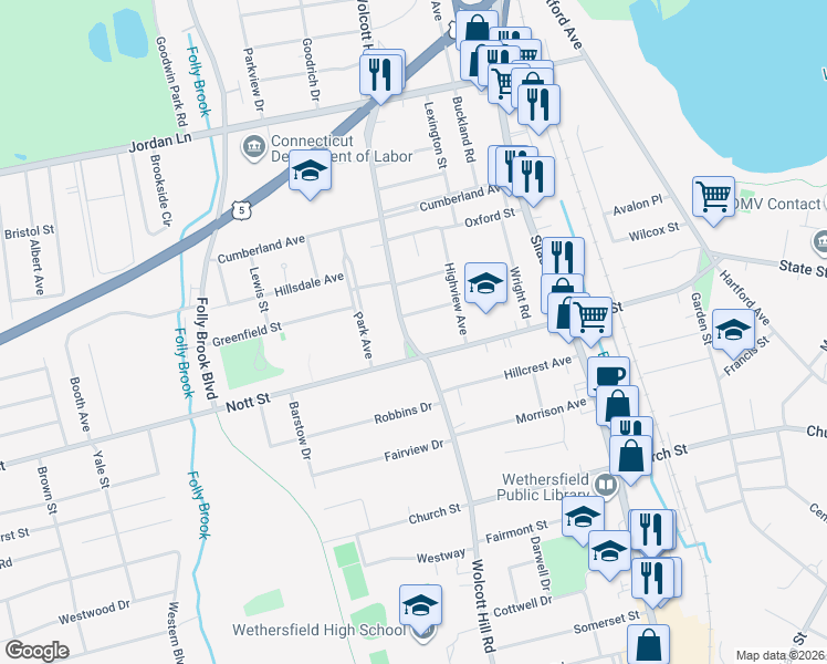 map of restaurants, bars, coffee shops, grocery stores, and more near 183 Wolcott Hill Road in Wethersfield